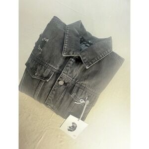 NWT Blue B Collection Distressed Black Denim Trucker Jacket Button Up Front SZ L